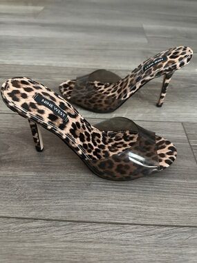 Nine West Leopard Print Clear Strap Stiletto Mules - Brown/Black